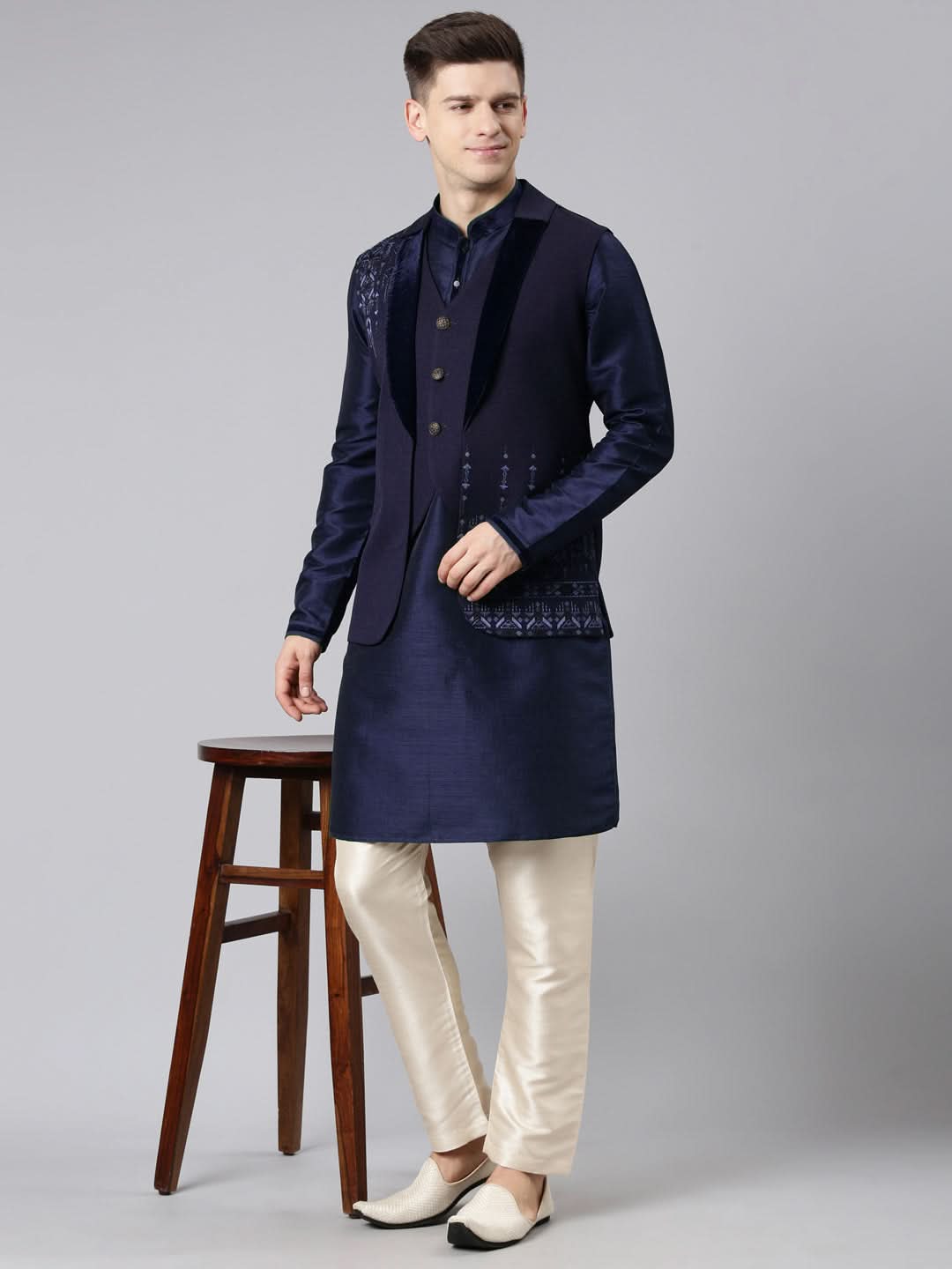 Dark Blue Layered lapel Style Jacket