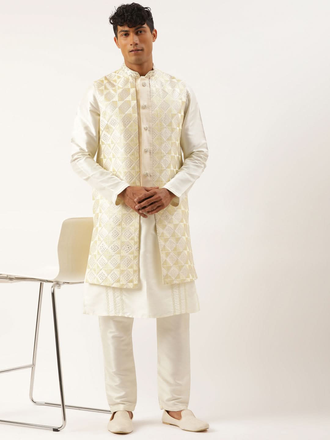 Cream  Embroiderd Layered Long Jacket