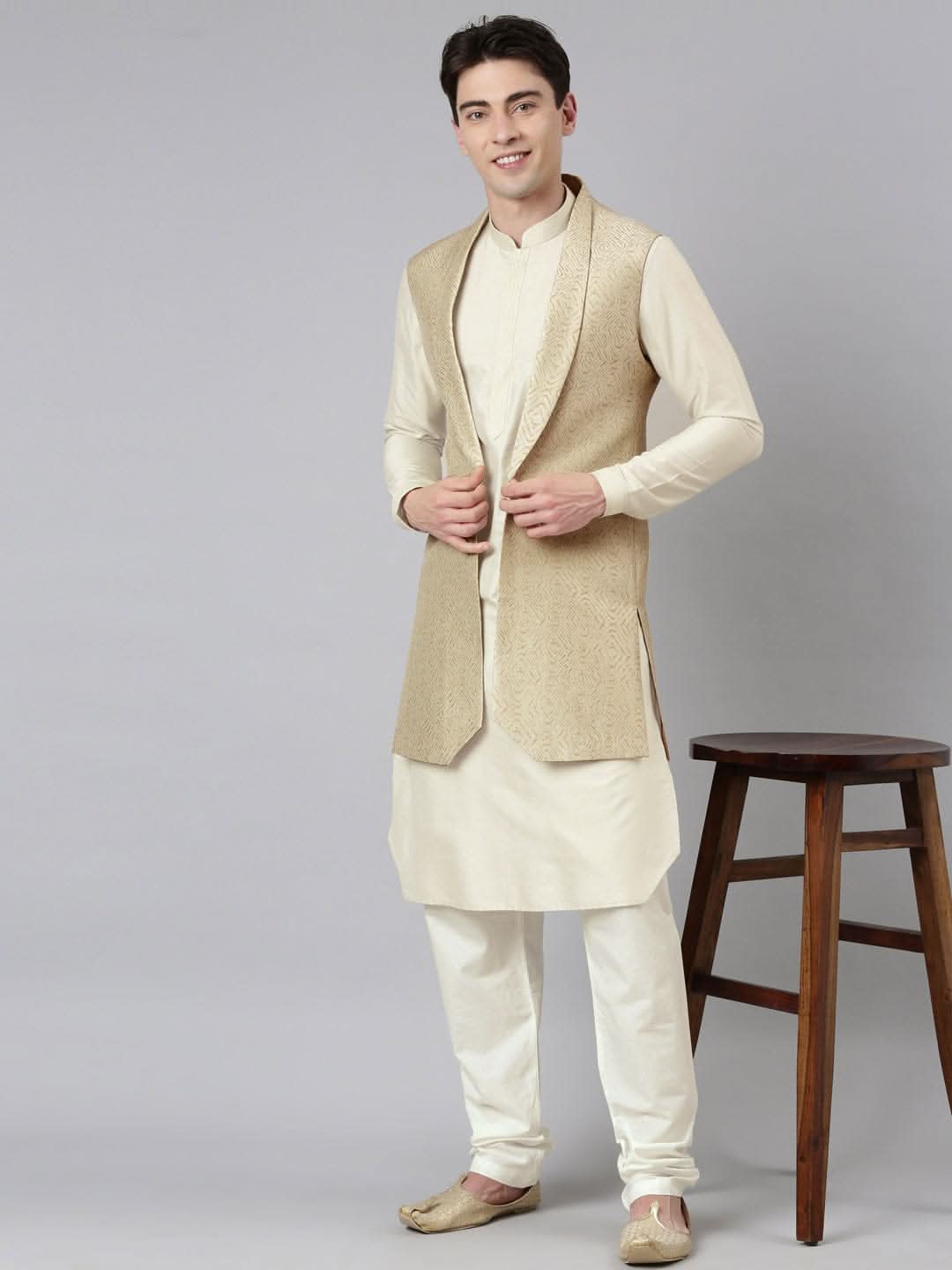 Cream Printed Lapel Style Jacket